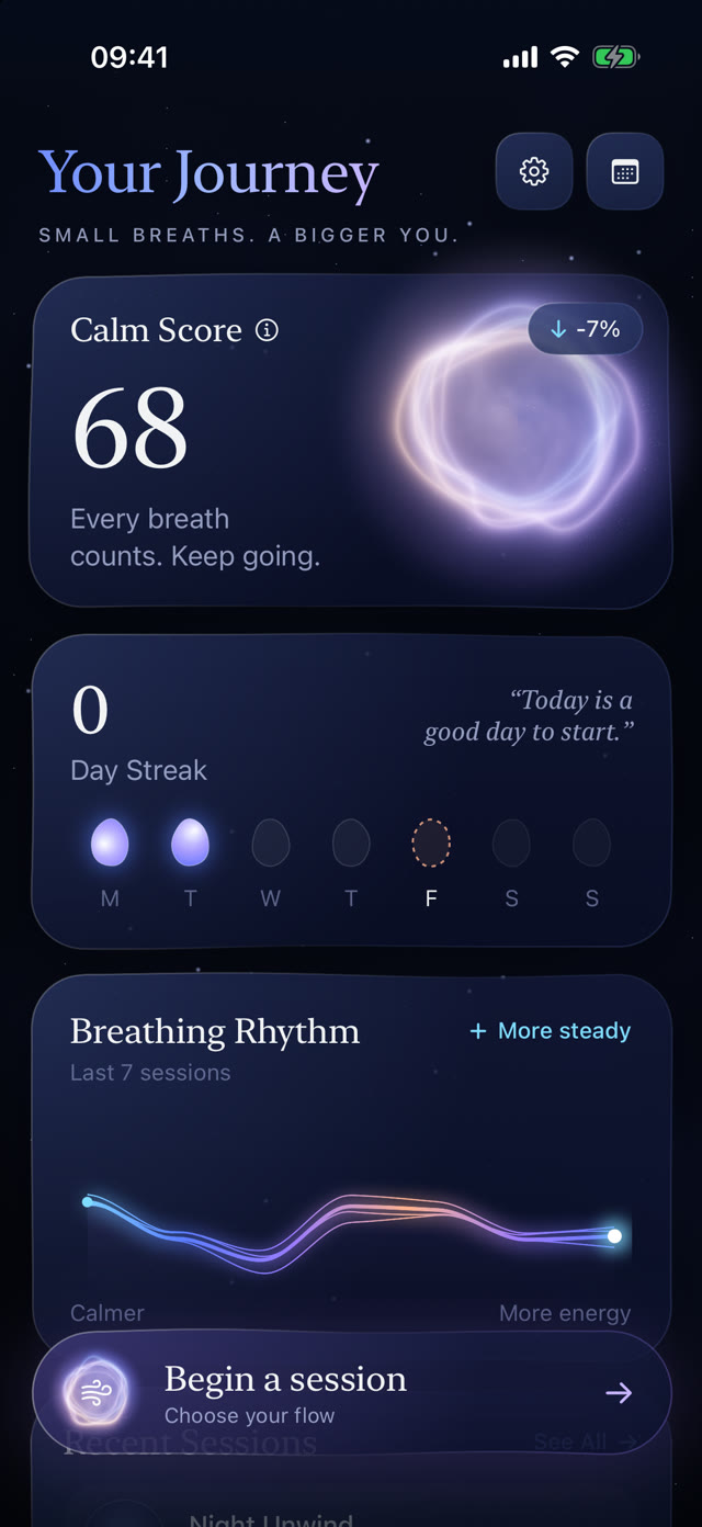 Your Journey screen with calm score, day streak and breathing rhythm